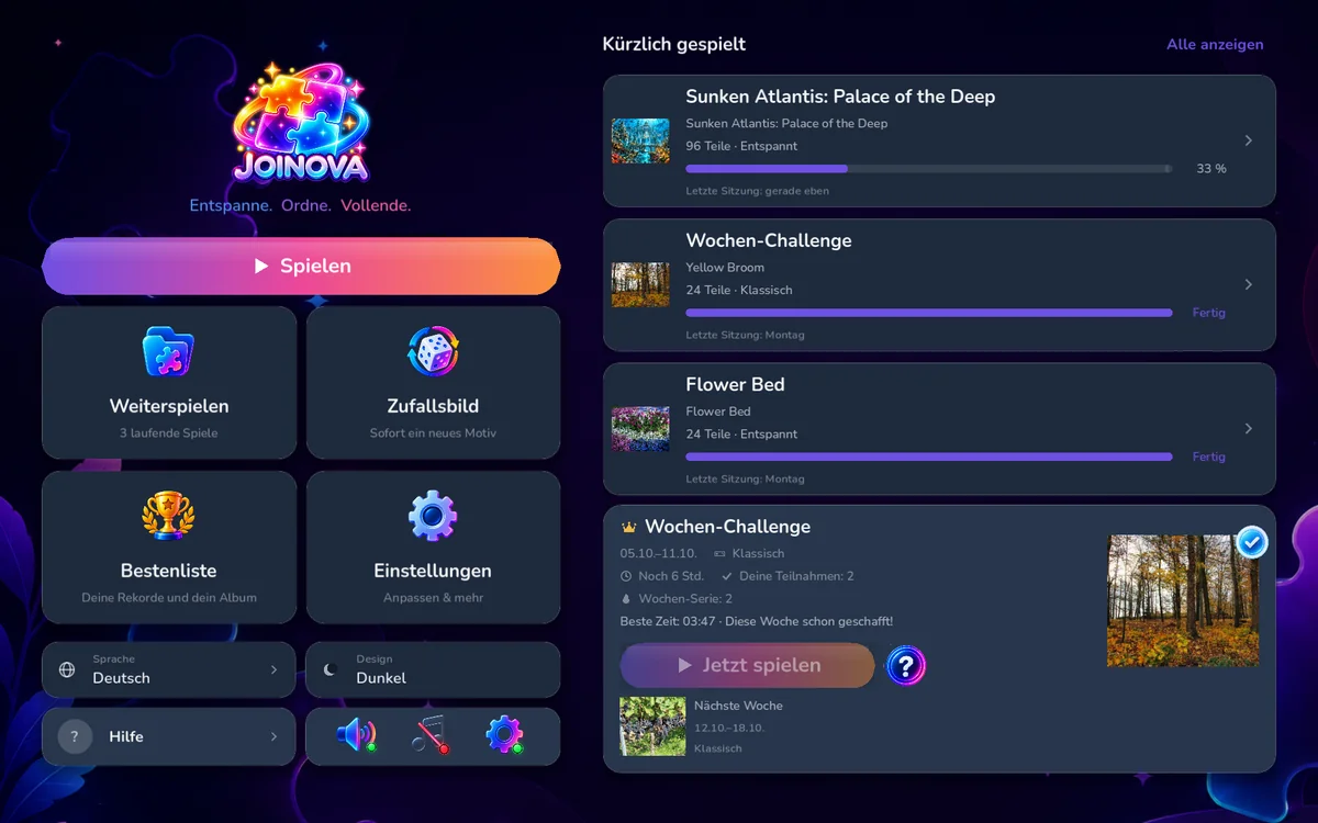 Joinova-Startscreen mit Spielen-Button, Kacheln, „Kürzlich gespielt“ und der Wochen-Challenge