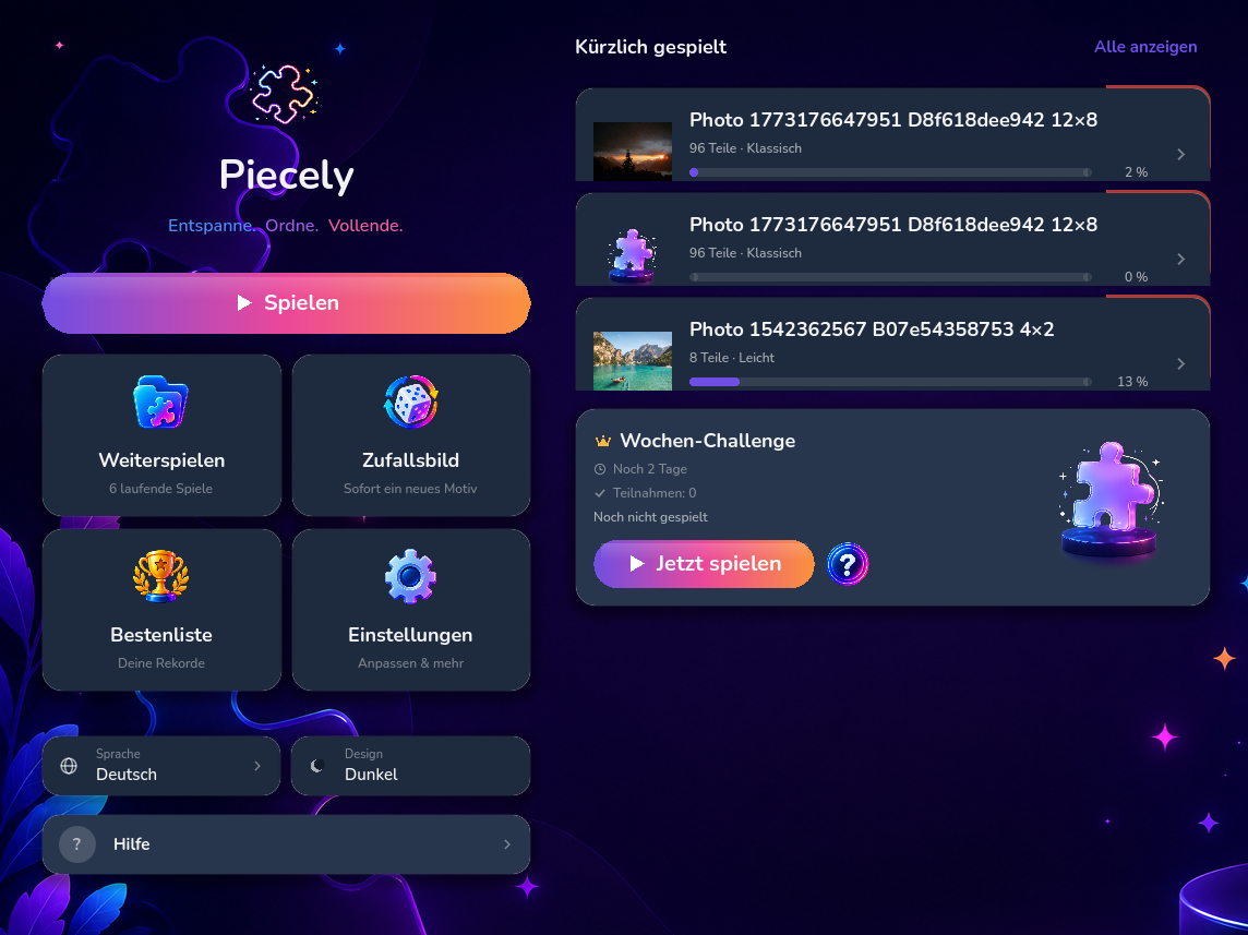 Piecely-Startscreen mit Spielen-Button, Kacheln, „Kürzlich gespielt“ und der Wochen-Challenge