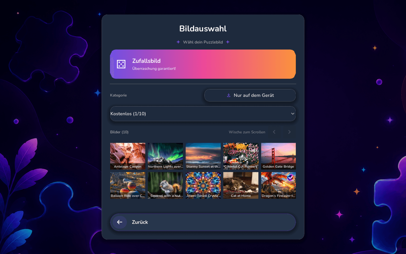 Bildauswahl mit Zufallsbild-Kachel und Bildergalerie der Kategorie