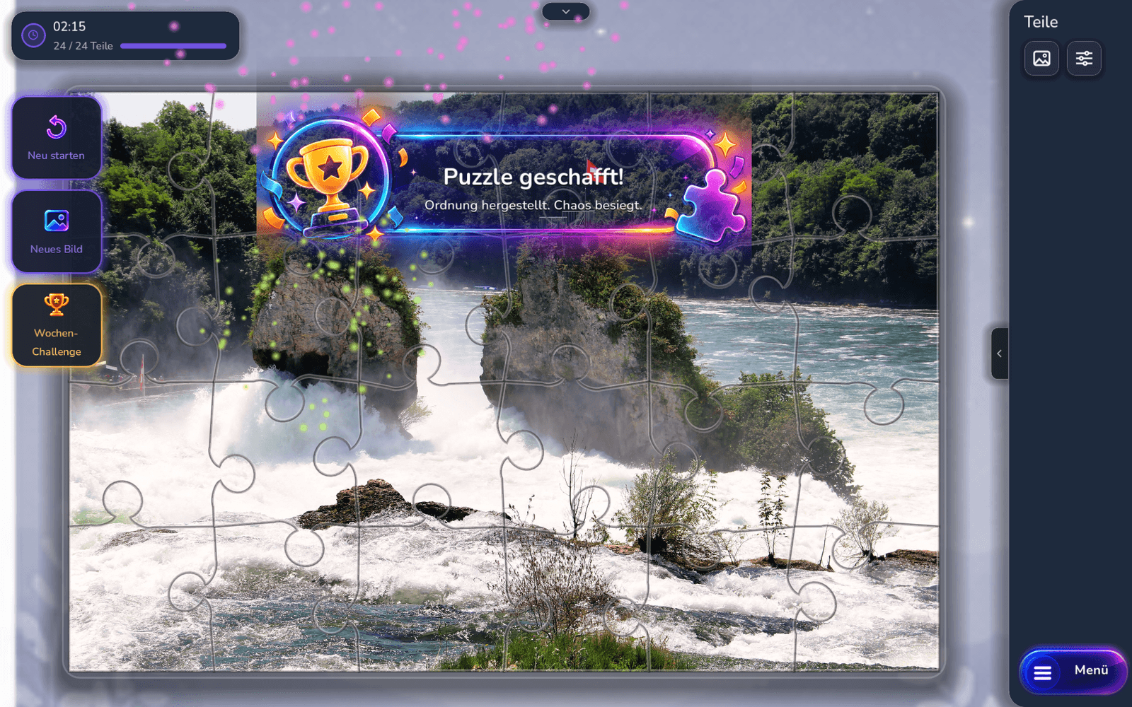 Abschluss-Overlay „Puzzle geschafft!“ auf dem fertig gelegten Puzzle