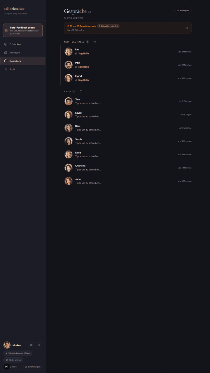 Gesprächsübersicht mit neuen Matches und aktiven Gesprächen