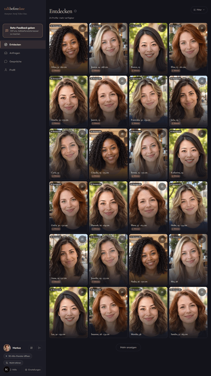 Entdecken-Ansicht mit einem Raster aus Profilkarten (KI-generierte Demoprofile)