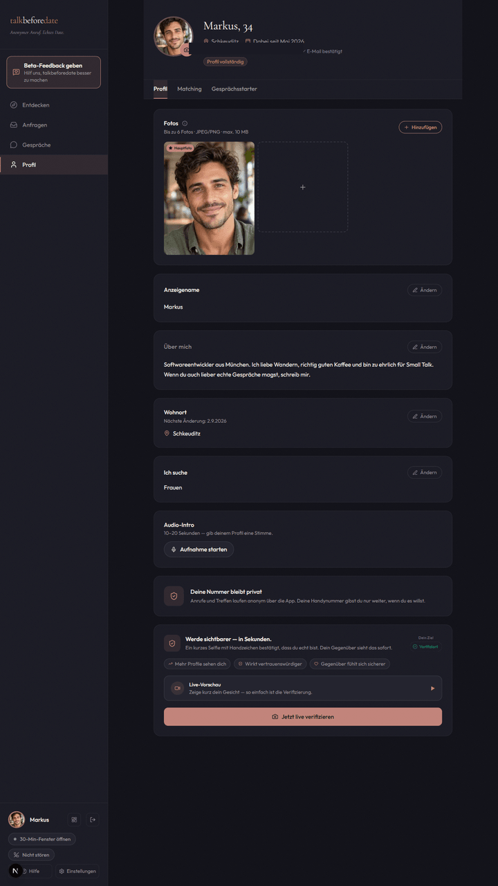 Eigenes Profil mit Fotos, Über-mich-Text, Audio-Intro und Live-Verifizierung